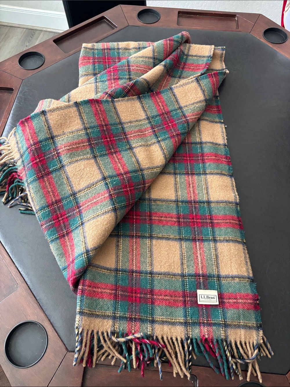 L.L. Bean Tan Plaid Wool Scarf with Red & Green Stripes